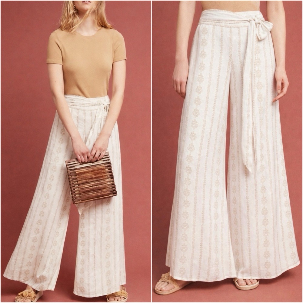 Farm Rio Everly Tie Front Pants M Cream Boho Wide Leg Palazzo Anthropologie